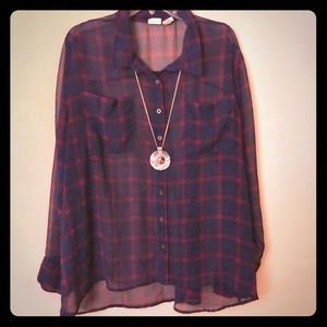 Sheer Mudd Plaid Button Down Blouse